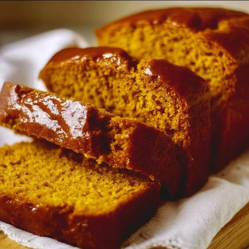 Loaf of aromatic homemade pumpkin bread on a rustic table