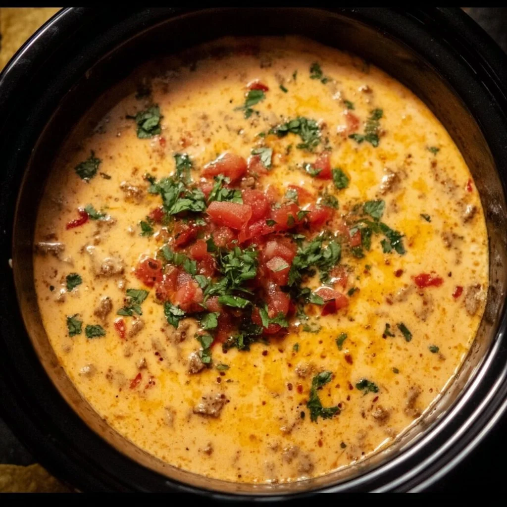 Creamy crockpot queso dip served with tortilla chips for snacking