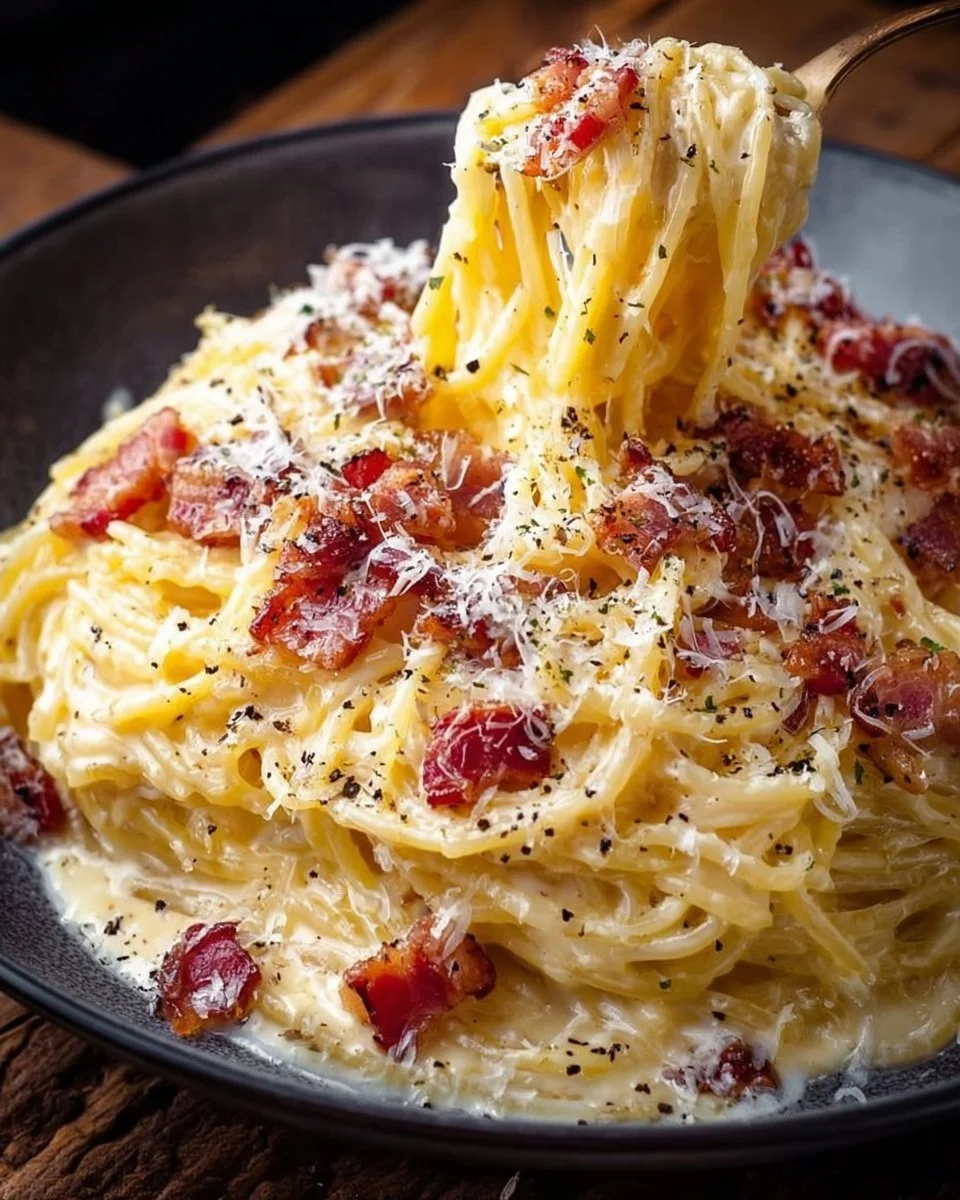 Plate of authentic carbonara with creamy sauce and pasta