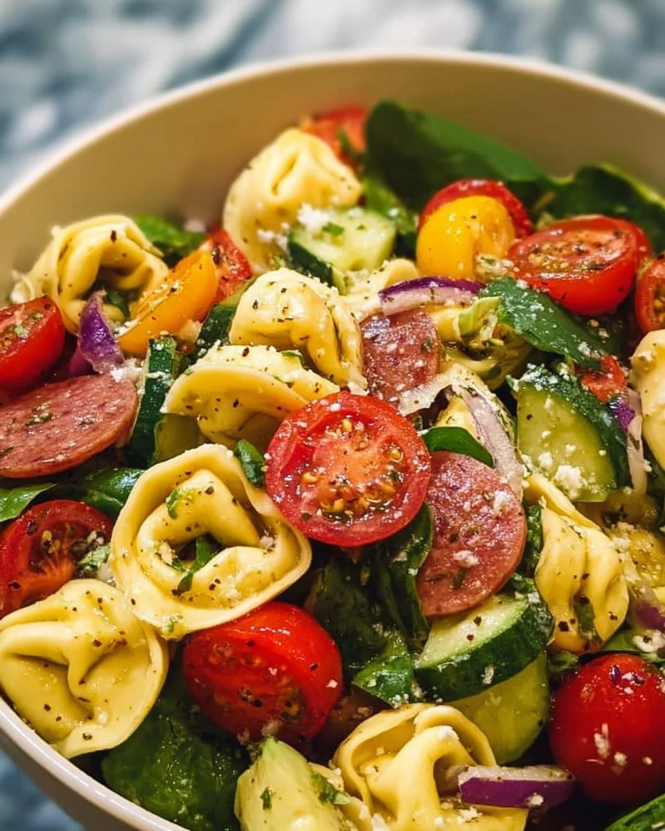 Colorful tortellini salad with fresh vegetables and dressing in a bowl