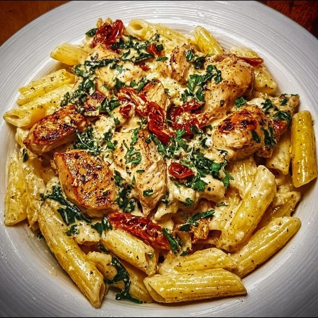 Delicious Tuscan Chicken Pasta with creamy sauce and fresh vegetables