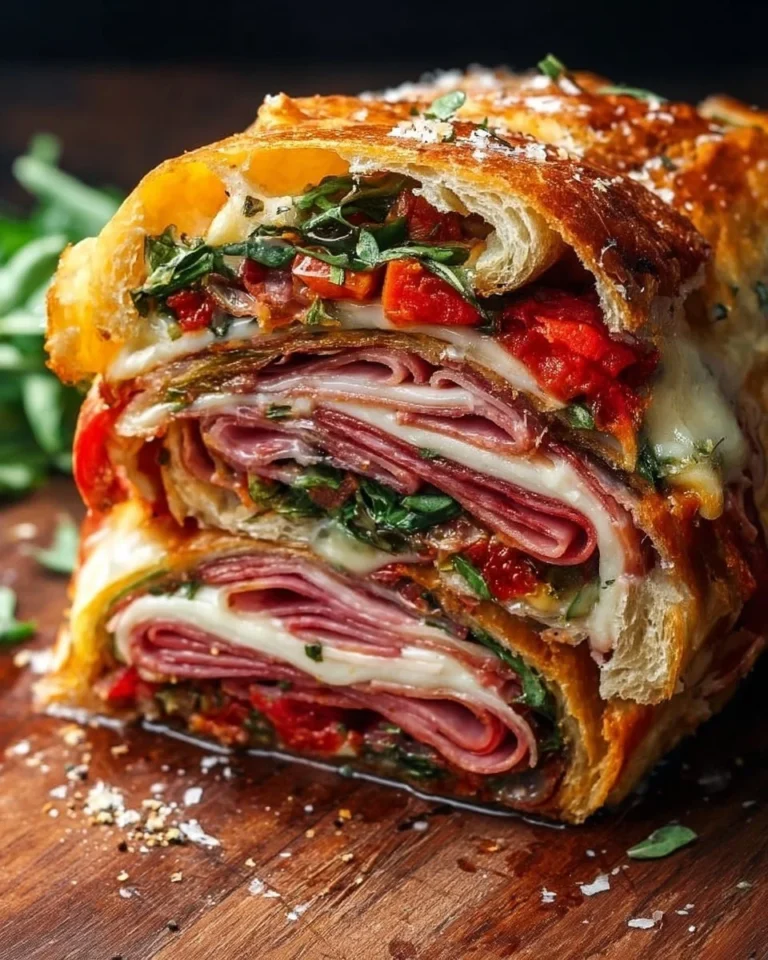 Delicious pressed Italian picnic sandwich loaf with layers of meats and cheeses