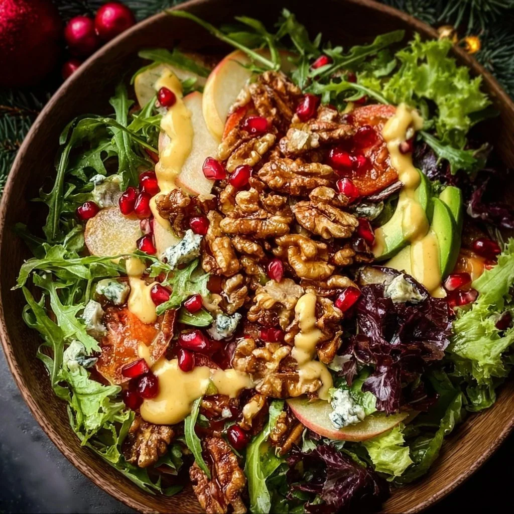 Winter Christmas Salad with honey mustard dressing and festive ingredients