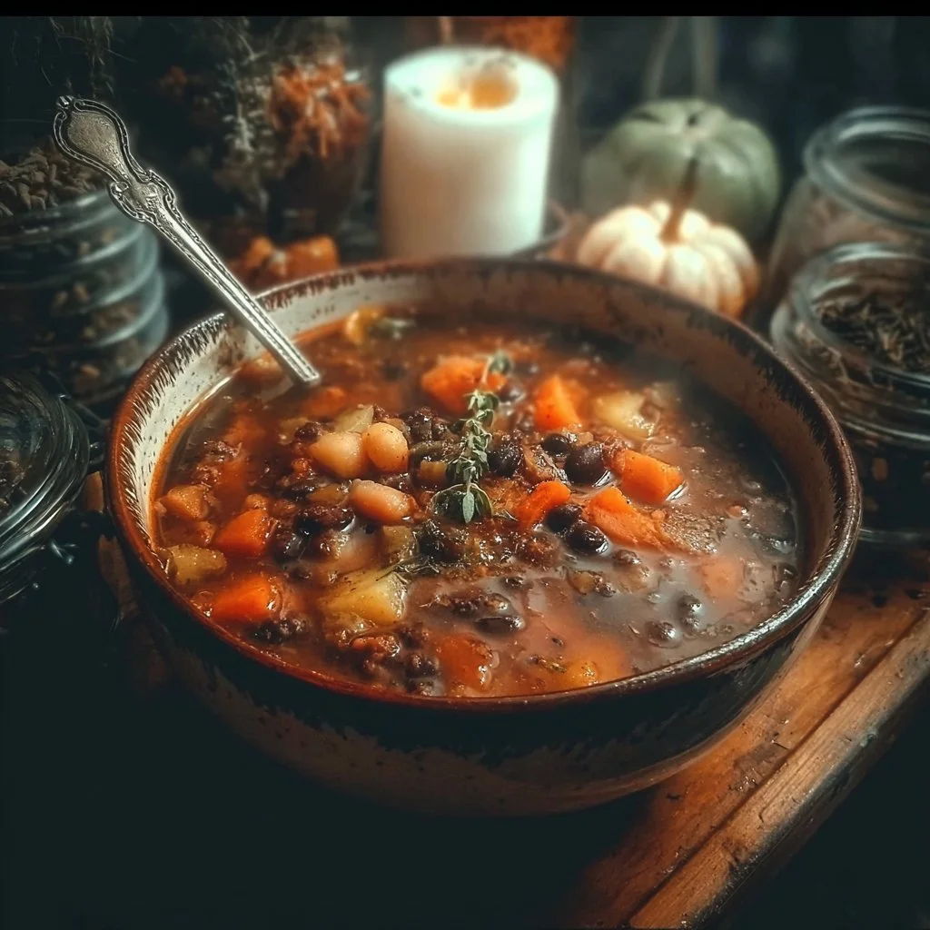 A bubbling pot of witches brew stew, filled with colorful vegetables and spices.