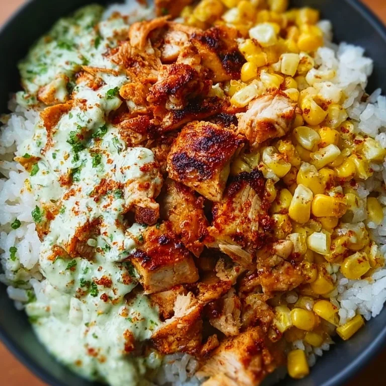 Delicious street corn chicken rice bowl served in a vibrant dish.