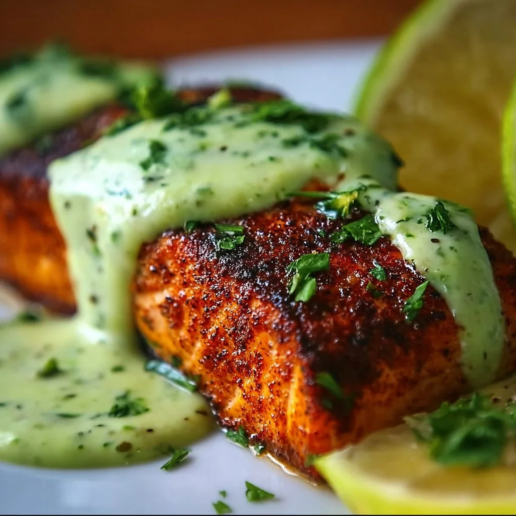 Baked Cajun Salmon with Avocado Lime Sauce
