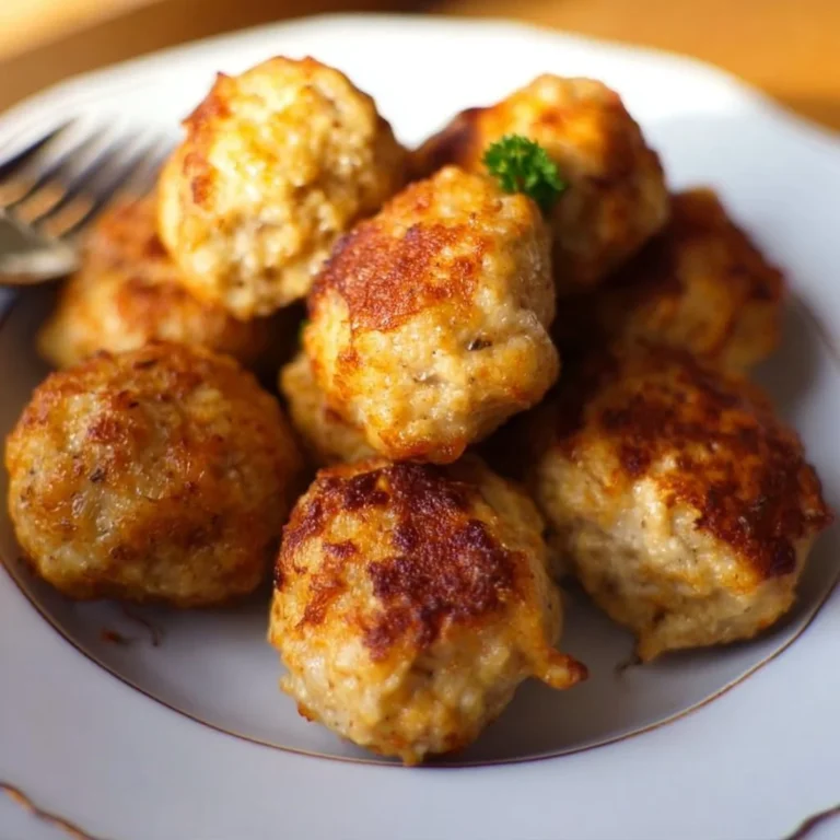 Plate of baked chicken meatballs served with marinara sauce and herbs