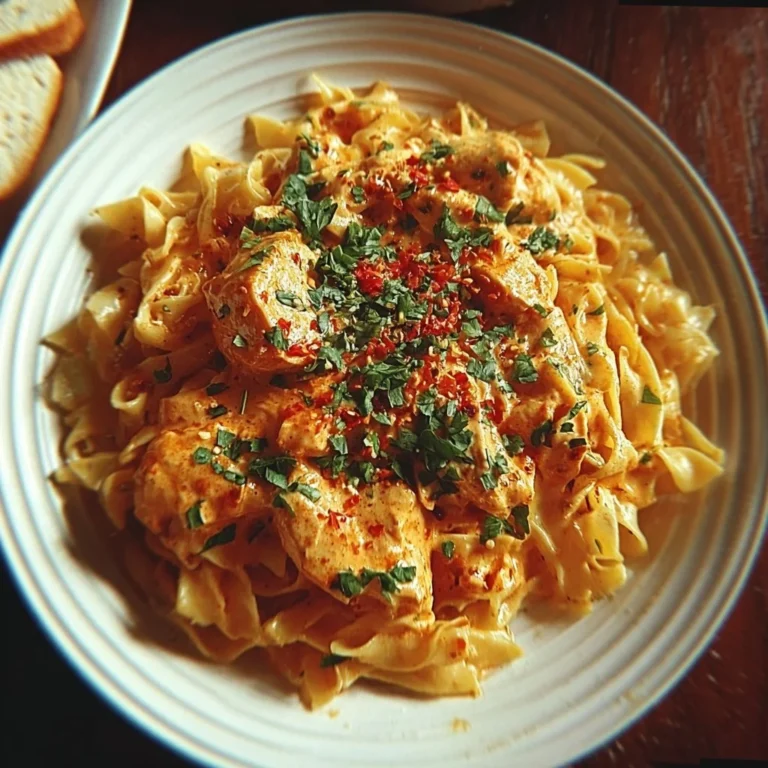 Delicious plate of Bang Bang Chicken Pasta garnished with herbs