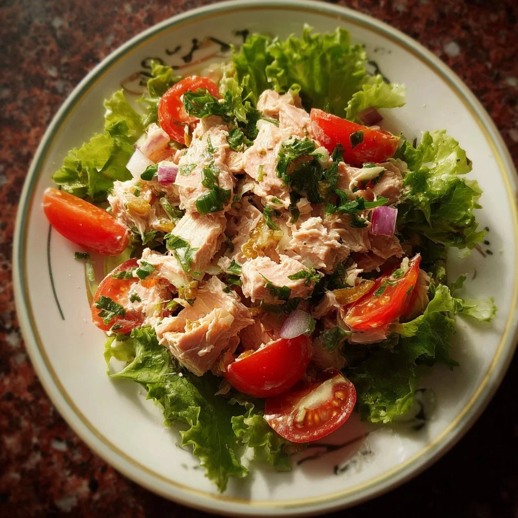 Canned salmon salad served in a bowl with fresh vegetables and herbs