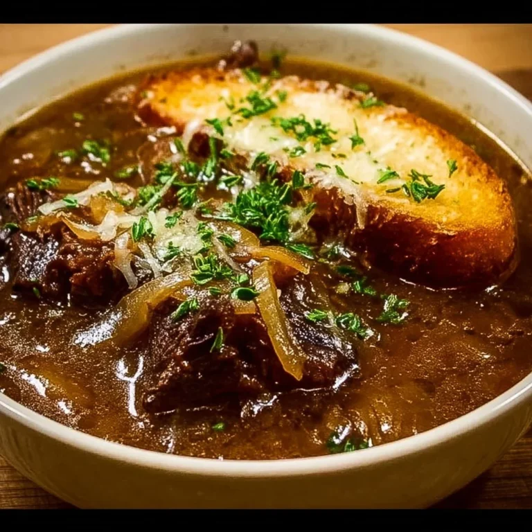 Delicious Caramelized Onion Short Rib Soup garnished with herbs in a bowl