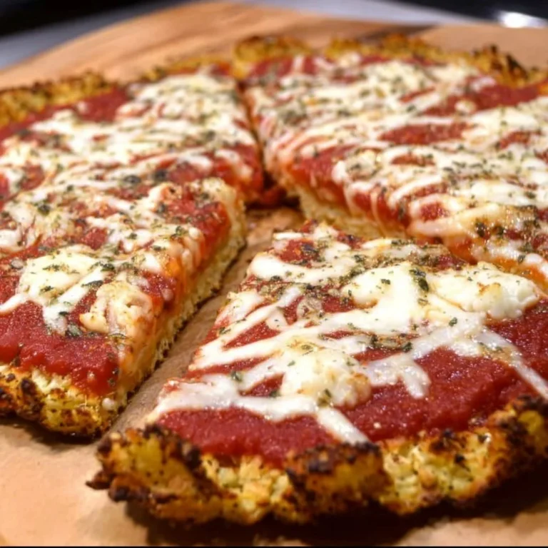 Low carb cauliflower pizza crust topped with fresh ingredients.