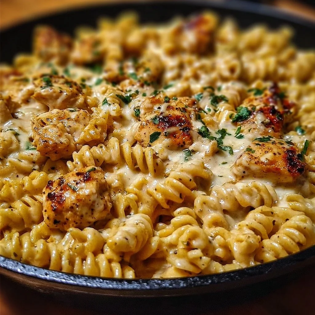 Cheesy Cajun Garlic Chicken Rotini Skillet dish served in a cozy setting