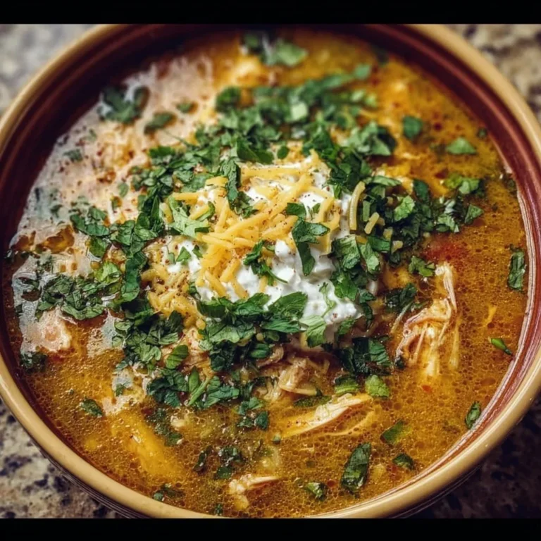Bowl of delicious Chicken Enchilada Soup garnished with cilantro and lime.