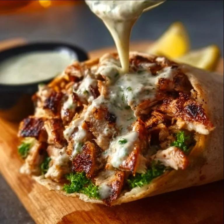 Plate of chicken shawarma drizzled with garlic sauce on a wooden table
