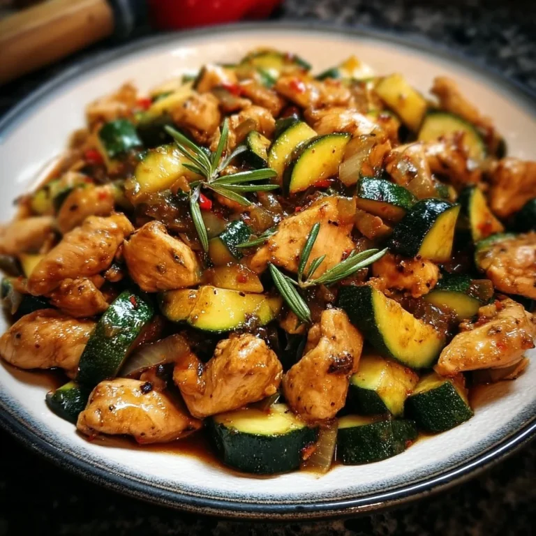 Healthy chicken zucchini stir fry with vibrant vegetables in a skillet