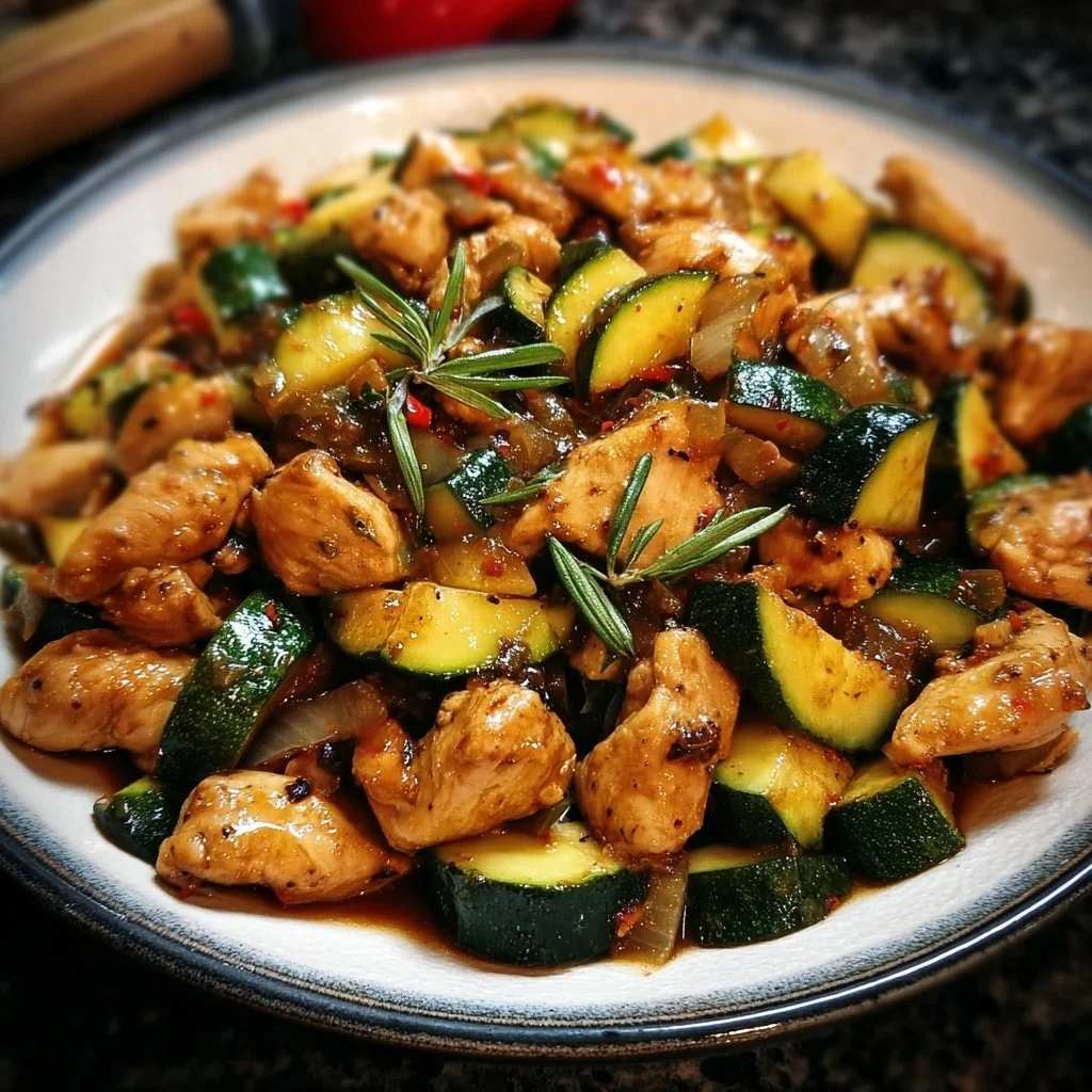 Healthy chicken zucchini stir fry with vibrant vegetables in a skillet
