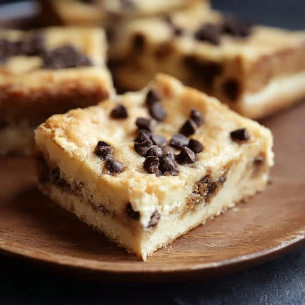 Delicious chocolate chip cheesecake blondies on a rustic wooden table