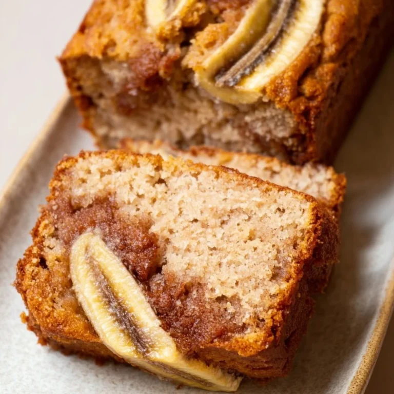 A delicious slice of Cinnamon Swirl Banana Bread with a swirl of cinnamon.