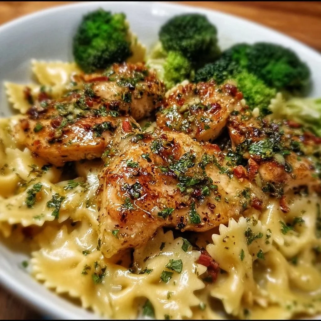 Cowboy Butter Chicken with lemon bowtie pasta and broccoli served on a plate
