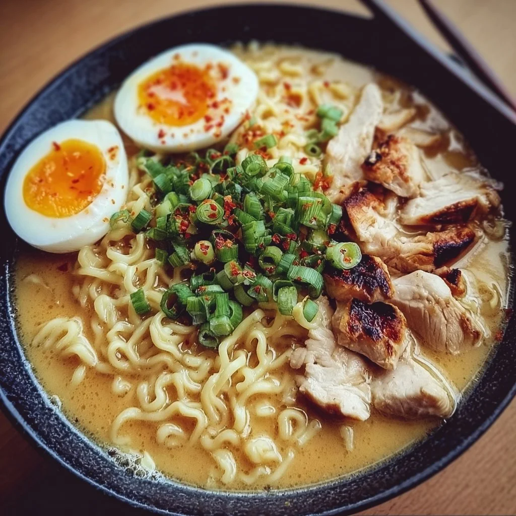 Creamy garlic chicken ramen bowl topped with fresh herbs and vegetables