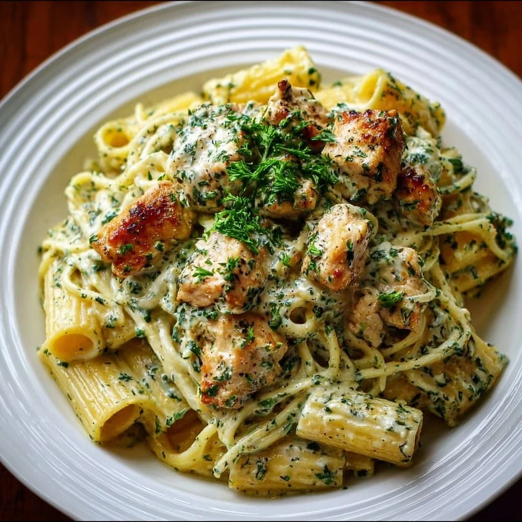 Delicious creamy pesto chicken pasta served in a bowl