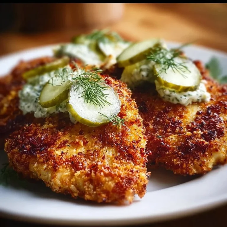 Crispy Dill Pickle Parmesan Chicken with a side of pickles and sauce