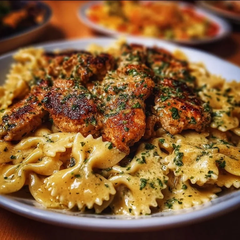 Delicious Garlic Butter Chicken served with bowtie pasta in a creamy sauce