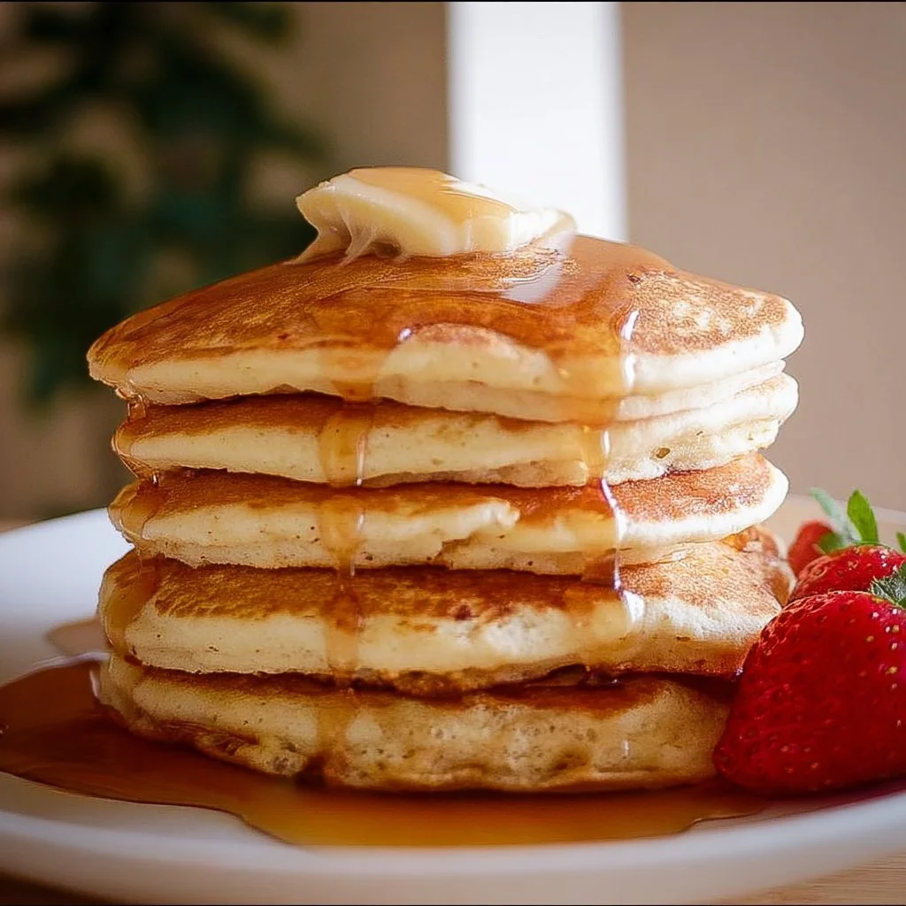 Fluffy gluten-free pancakes stacked on a plate, topped with fresh berries and syrup.