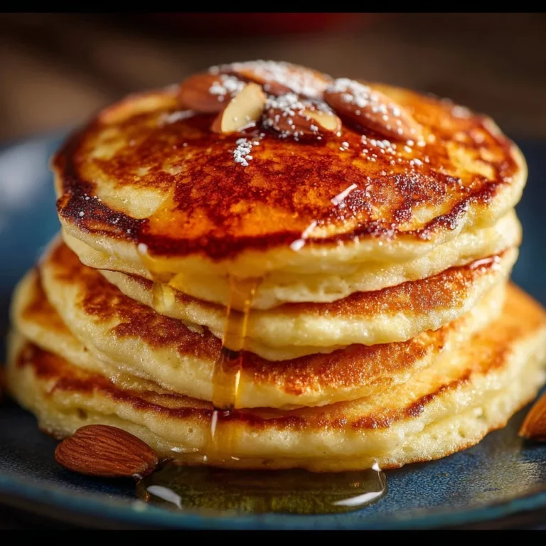 Gluten-free almond flour pancakes stacked on a plate with syrup and fresh berries
