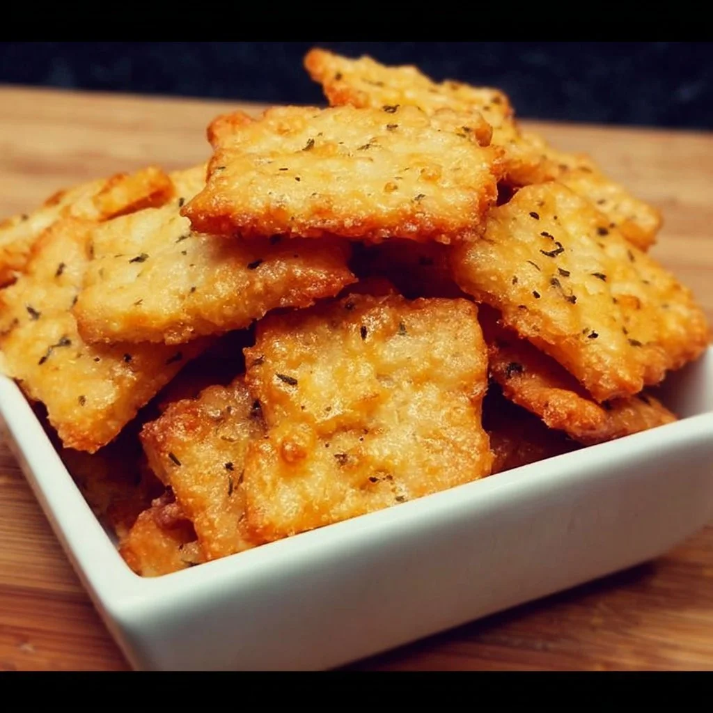 Gluten-free cheese crackers displayed on a wooden serving platter.