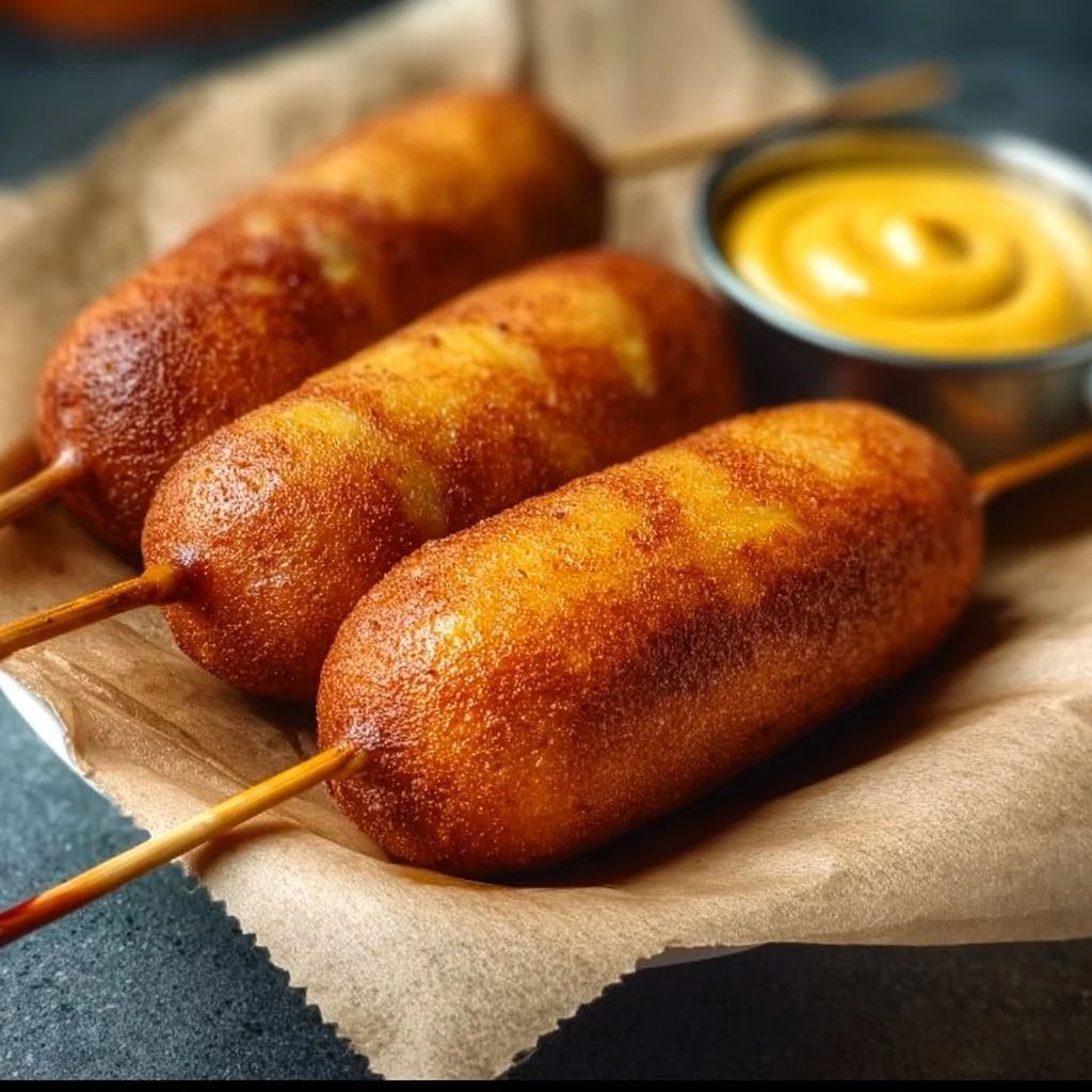 Delicious gluten-free corn dogs served on a plate with dipping sauce.