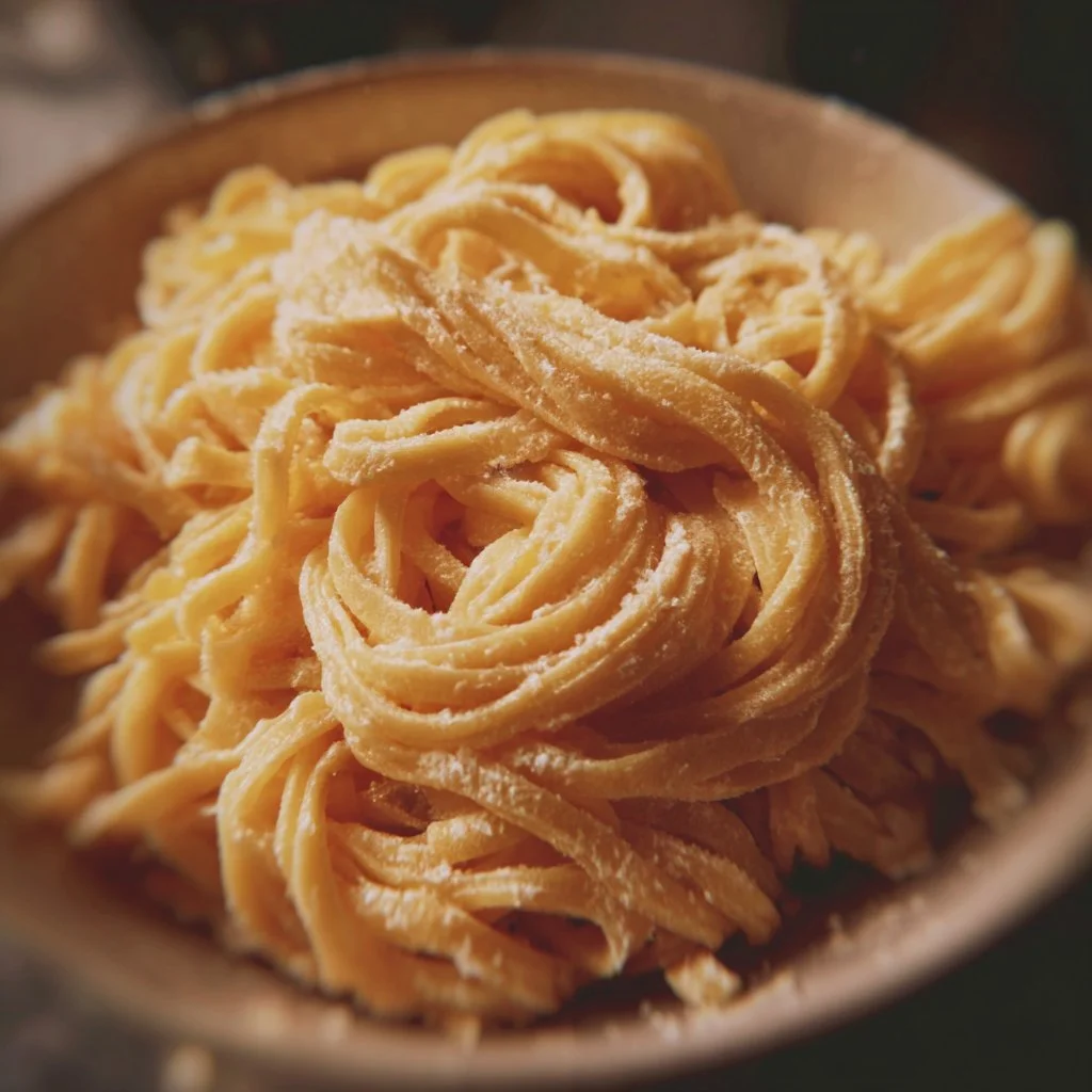 Bowl of gluten-free egg noodles served with fresh vegetables and sauce