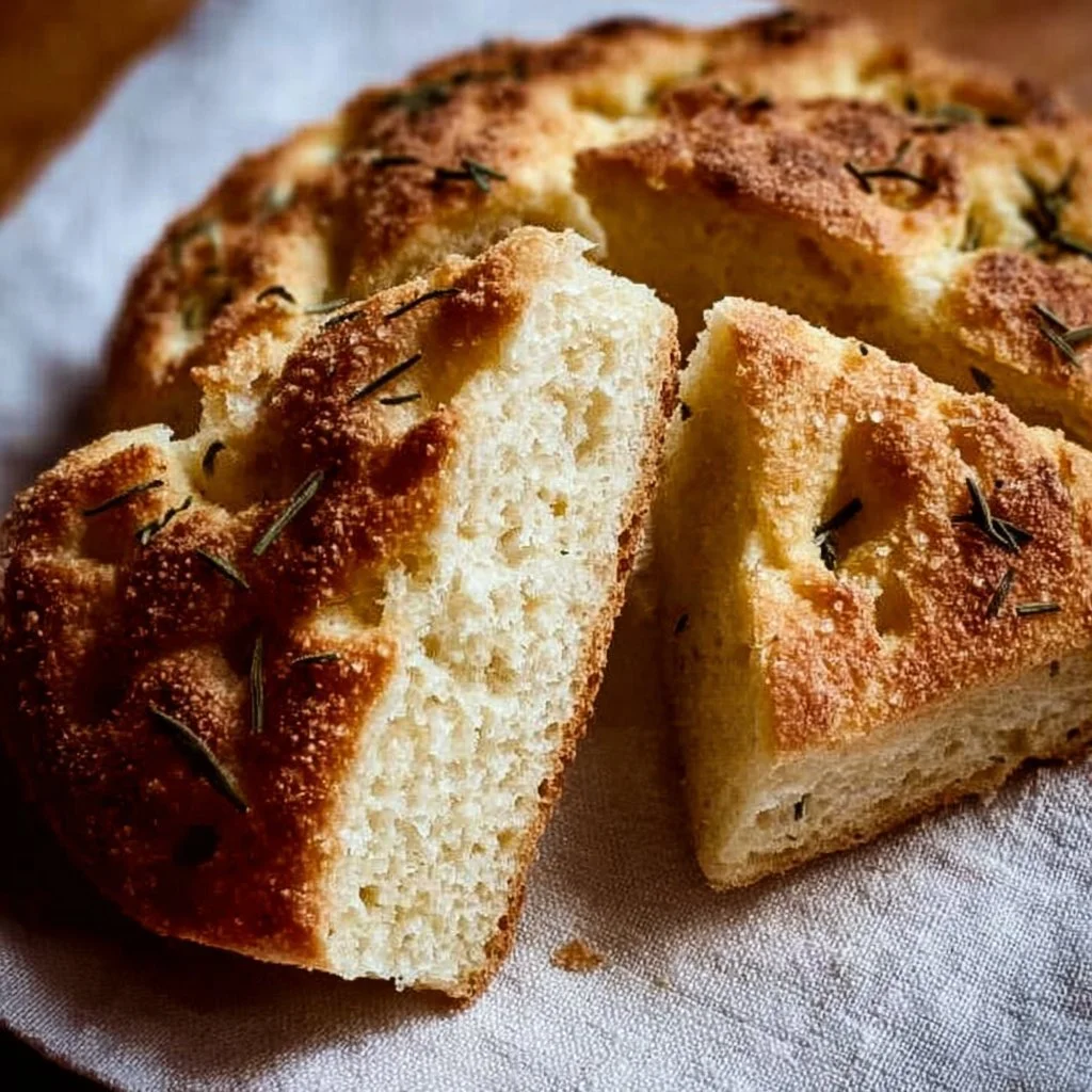 Homemade gluten-free focaccia bread topped with herbs and olive oil.