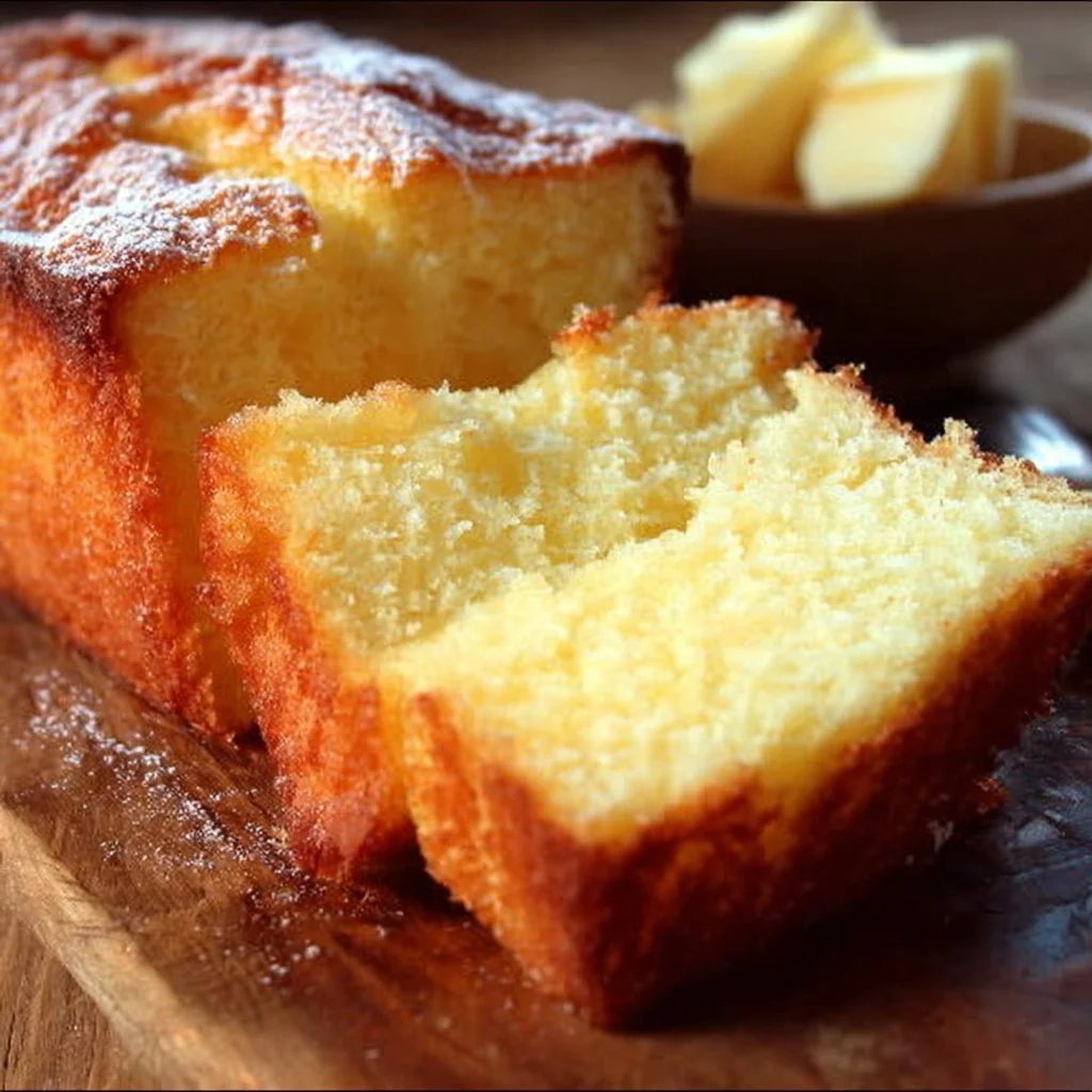 Delicious gluten free French butter cake slice on a white plate