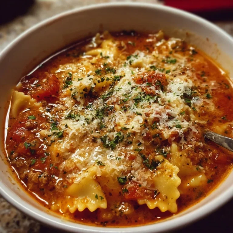 Bowl of delicious gluten-free lasagna soup topped with fresh basil.