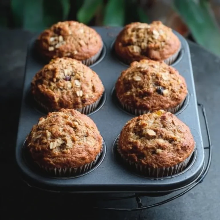 Gluten free morning glory muffins filled with fruits and nuts on a wooden table.