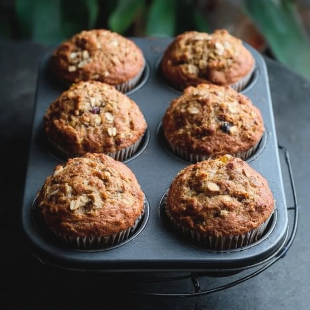 Gluten free morning glory muffins filled with fruits and nuts on a wooden table.