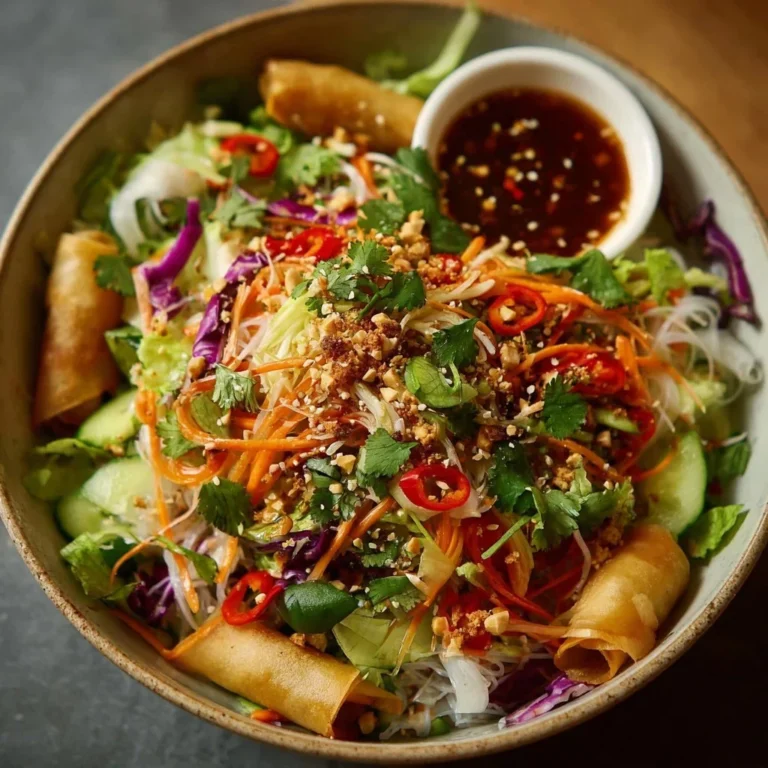 Gluten-free spring roll salad bowl with fresh vegetables and herbs