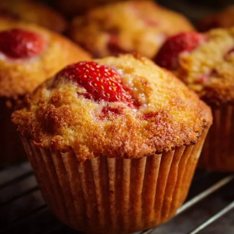 Freshly baked gluten-free strawberry muffins on a wooden table