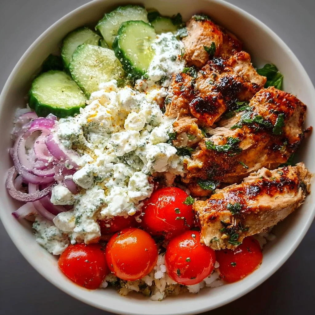 Greek Chicken Bowl with fresh vegetables and tzatziki sauce
