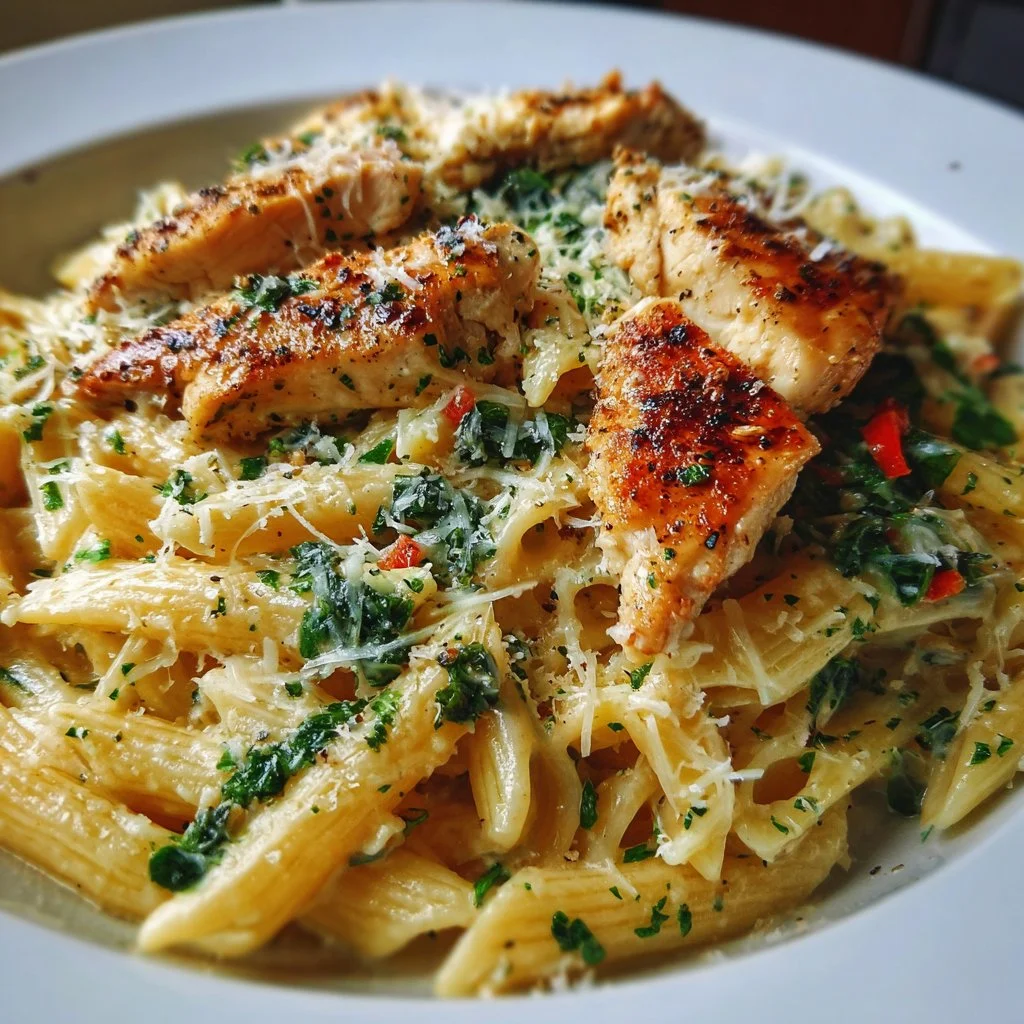 Healthy garlic parmesan chicken pasta with herbs and vegetables
