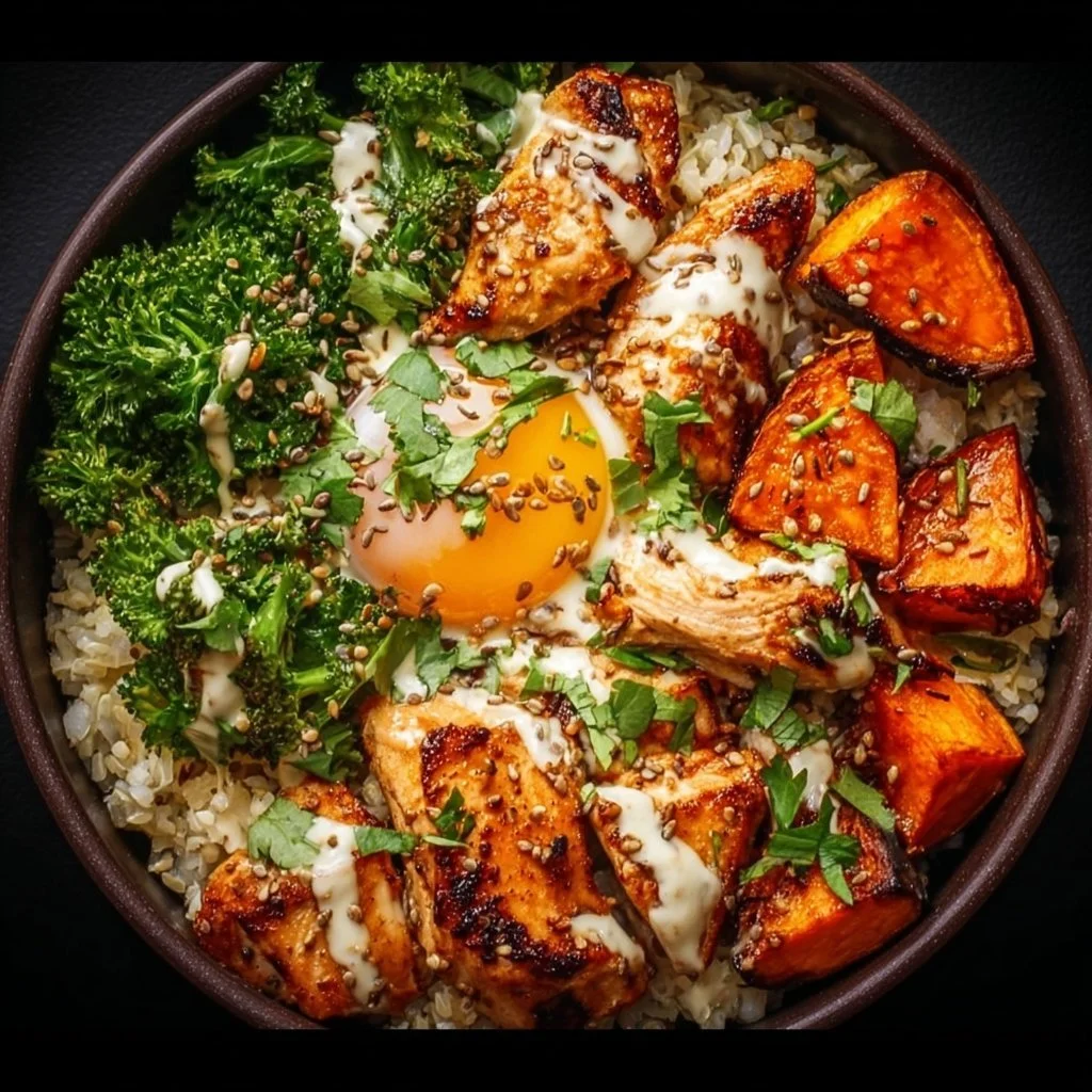 A colorful healthy high protein bowl featuring quinoa, beans, and fresh vegetables.