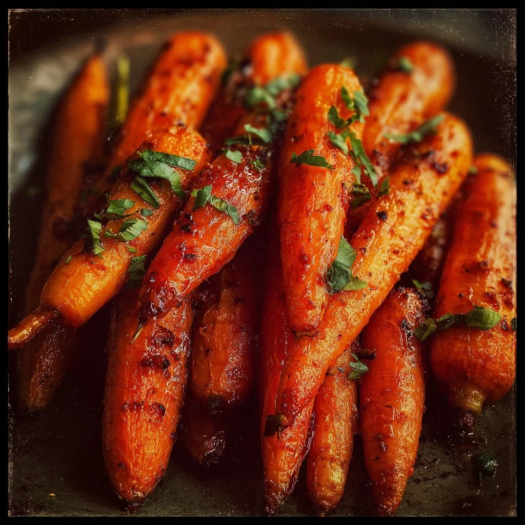 Roasted Honey Harissa Carrots garnished with herbs and spices