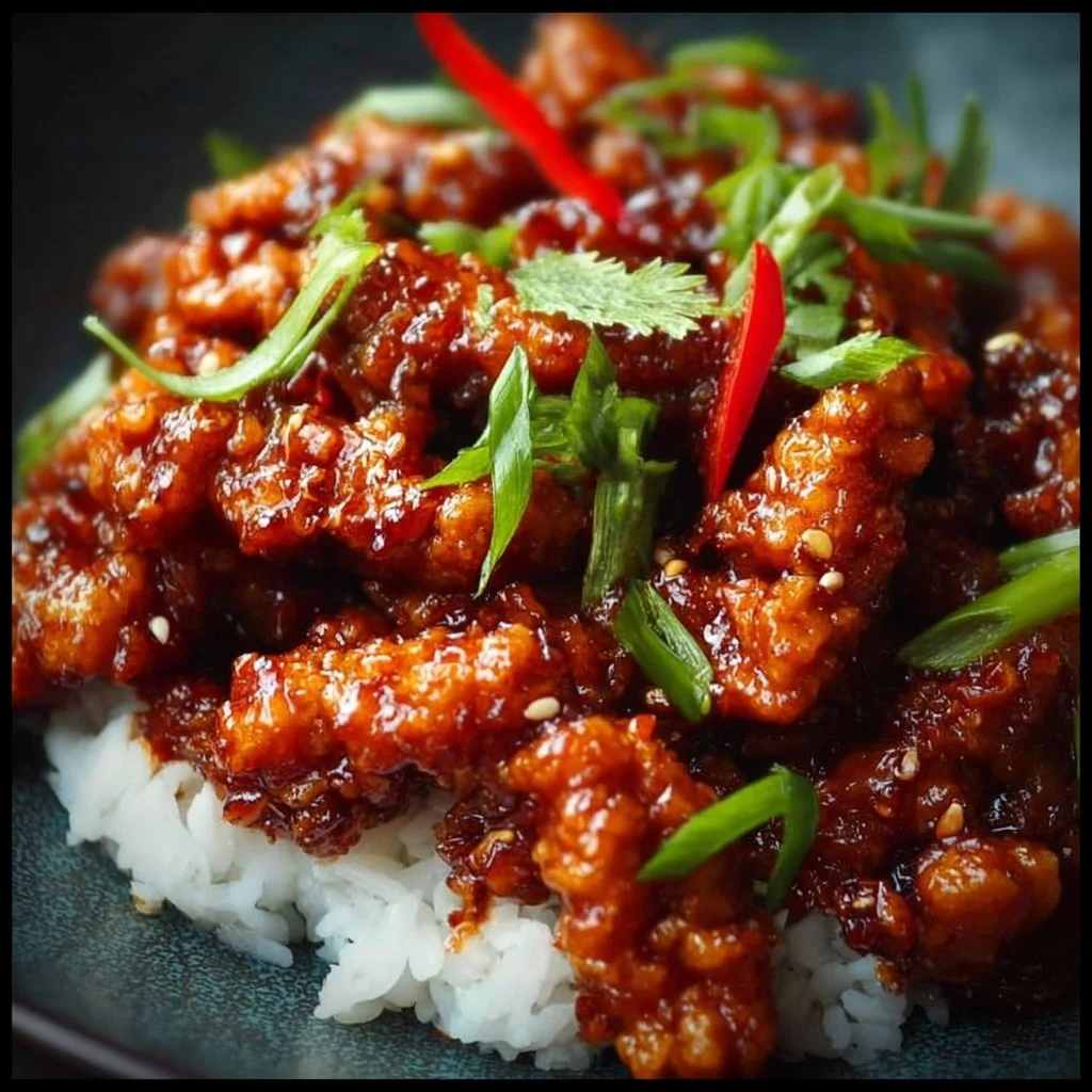 Plate of spicy Dragon Chicken garnished with fresh vegetables