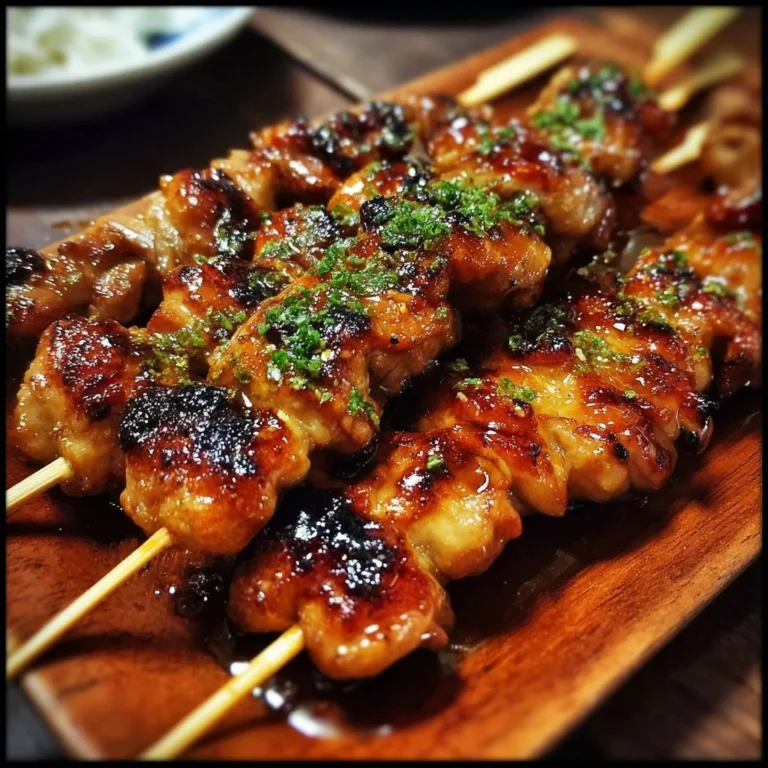 Grilled Chicken Yakitori skewers with sauce on a wooden plate