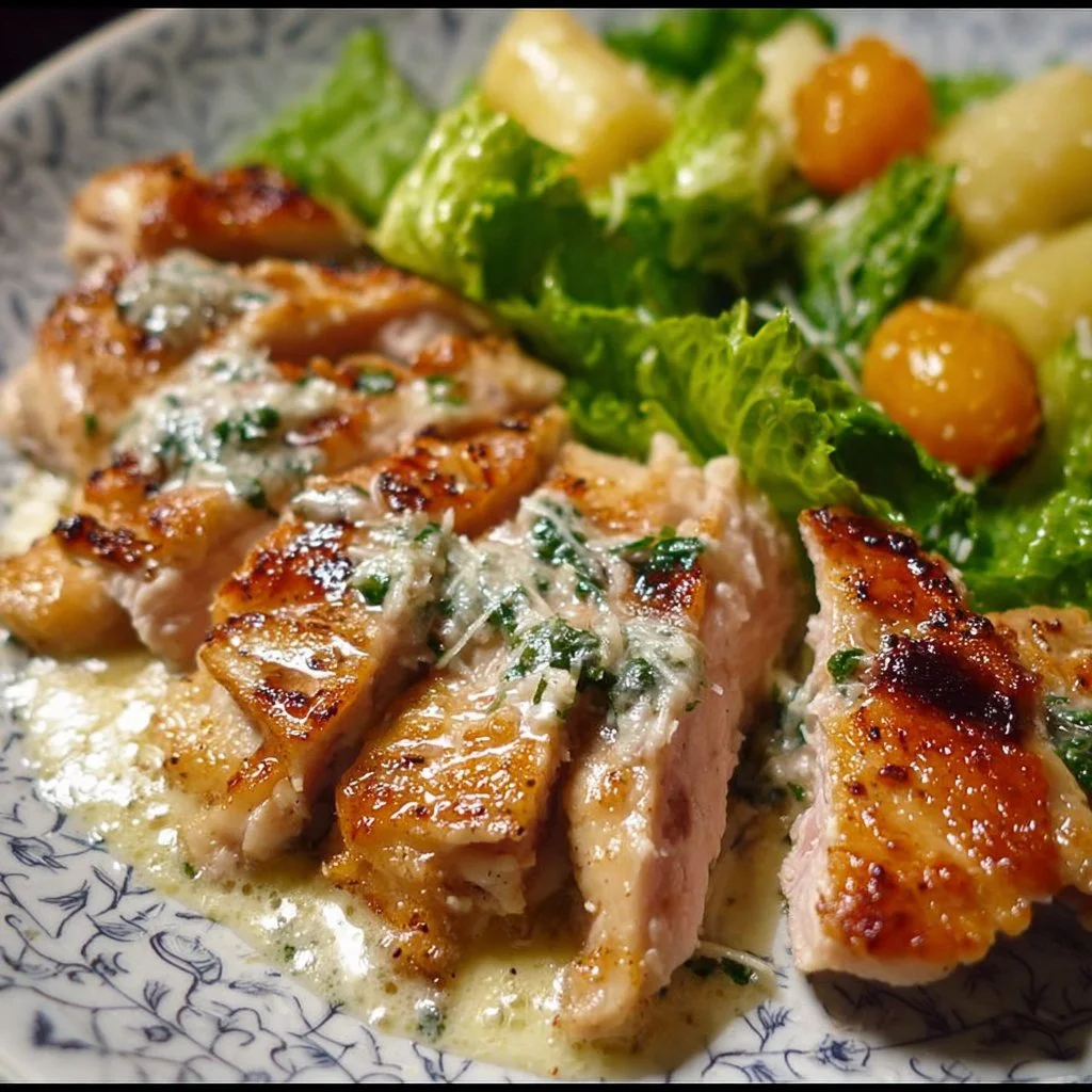 Melt-in-your-mouth Caesar chicken served with fresh greens and dressing