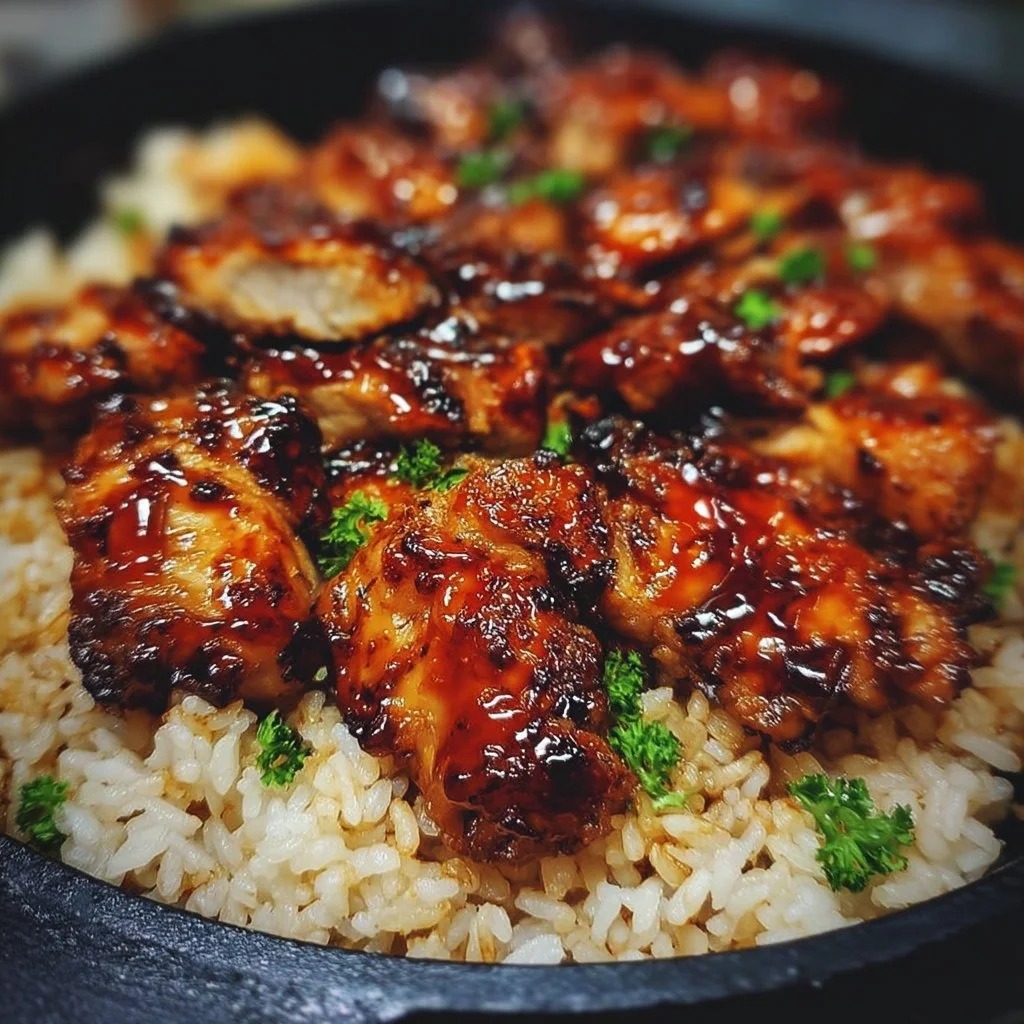 One-Pan Bold Honey BBQ Chicken Rice served on a plate with colorful veggies
