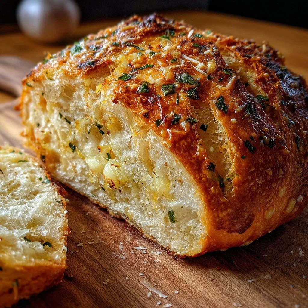 Loaf of Parmesan Roasted Garlic Artisan Bread with golden crust