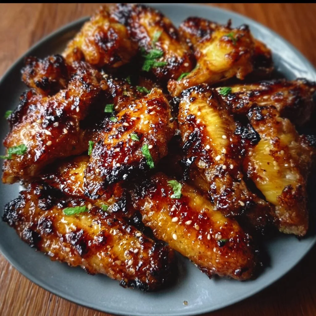 Pineapple-Teriyaki Chicken Wings garnished with sesame seeds and green onions