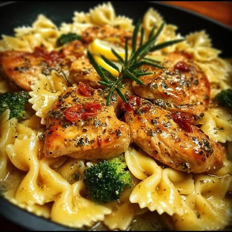 Cowboy Butter Lemon Bowtie Chicken dish garnished and ready to serve